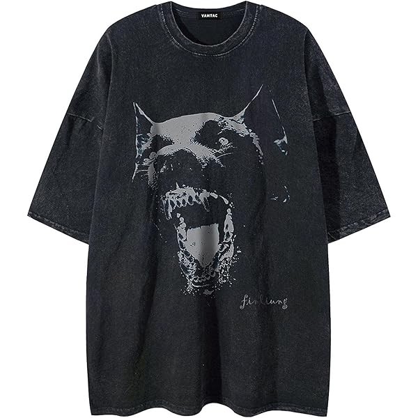 Evepaster Mens Oversize Wash T Shirt Dog Graphic Print